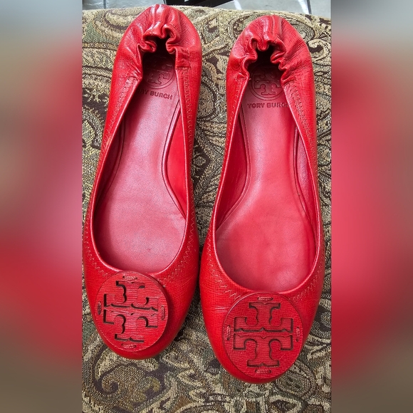 Tory Burch Red Leather Minnie Travel Ballet Flats size EUC